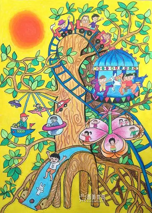 获奖儿童画作品欣赏_《会生长的大树游乐园》