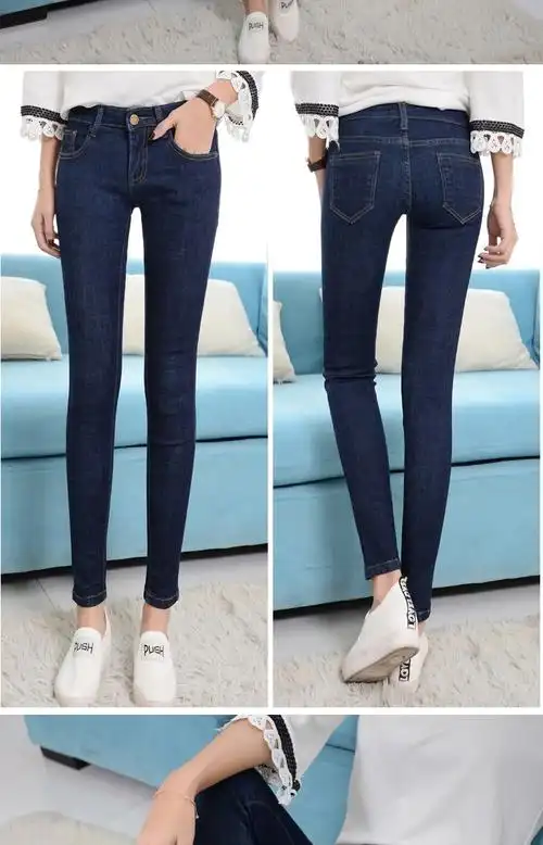 璟空谭九分低腰牛仔裤女秋季新款学生中腰弹力修身显瘦小脚铅笔裤子黑