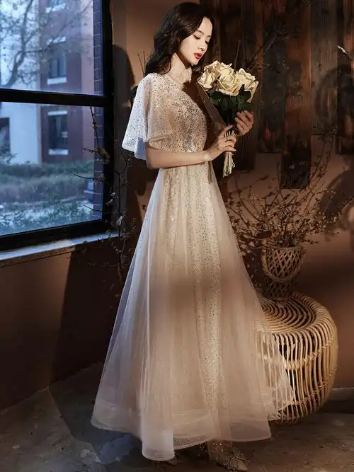 香槟色晚礼服裙女宴会气质薄纱礼服秋法式洋装仙气主持长款伴娘服