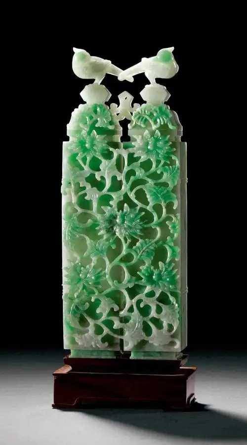 0117 清中晚期 翡翠雕花卉绶带双连盖瓶