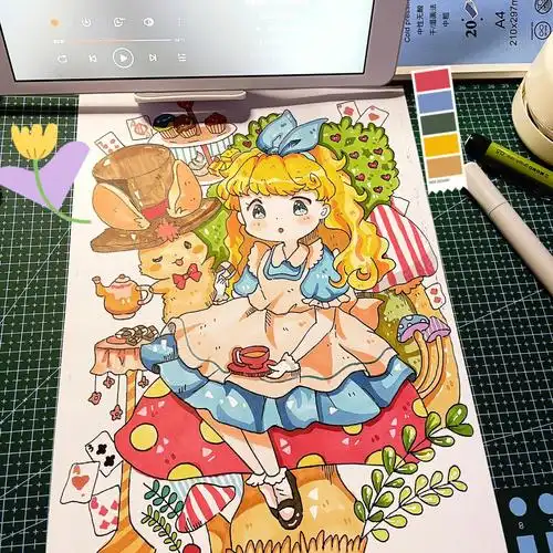 马克笔动漫手绘爱丽丝梦游仙境含线稿