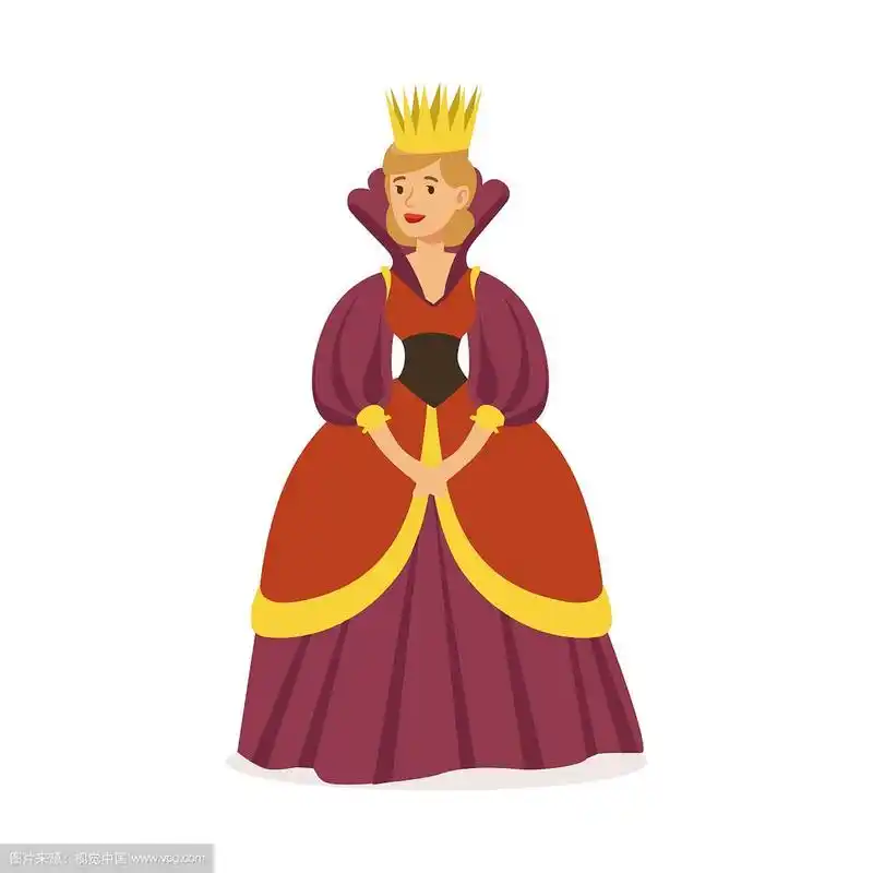 高贵的女王,身着紫色长裙,头戴金色皇冠