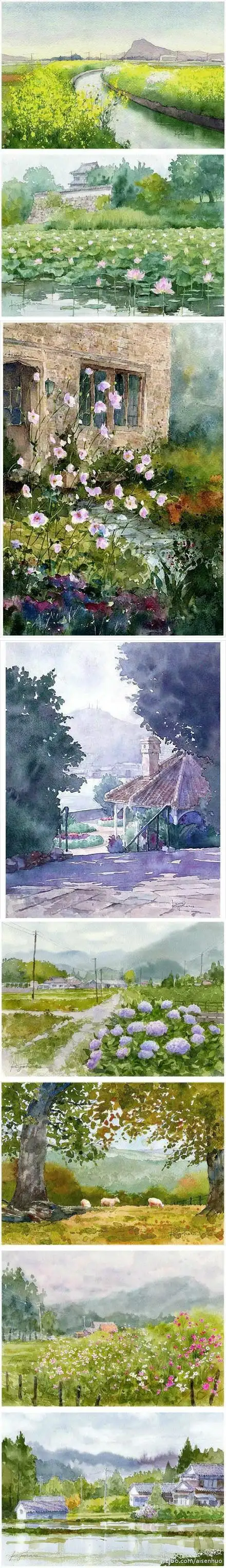 水彩风景画来自日本福冈的艺术家楢崎清