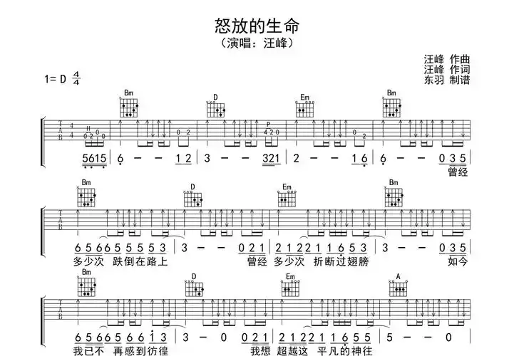 怒放的生命吉他谱_汪峰_d调弹唱69%原版 - 吉他世界