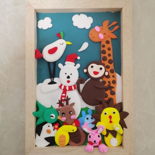 超轻粘土成品带相框动物总动员可爱幼儿作业毕业作品成品