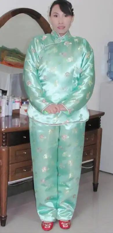 豆绿一生幸福花 织锦软缎加厚传统大襟唐装棉袄棉裤手工定做