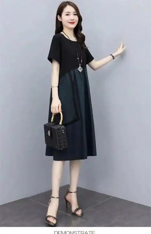 大码女装胖mm撞色连衣裙2021夏季中长款洋气休闲宽松显瘦遮肚裙子