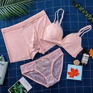 情侣内衣内裤套装三件套情侣款带胸罩蕾丝款内裤性惑透明简约一对