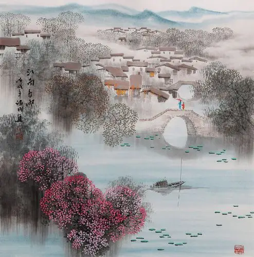 江南精美小品诸明风景山水画作品《江南春雨》