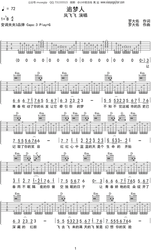 凤飞飞追梦人吉他谱g调吉他弹唱谱