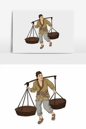 淡彩国画的古代挑担农民