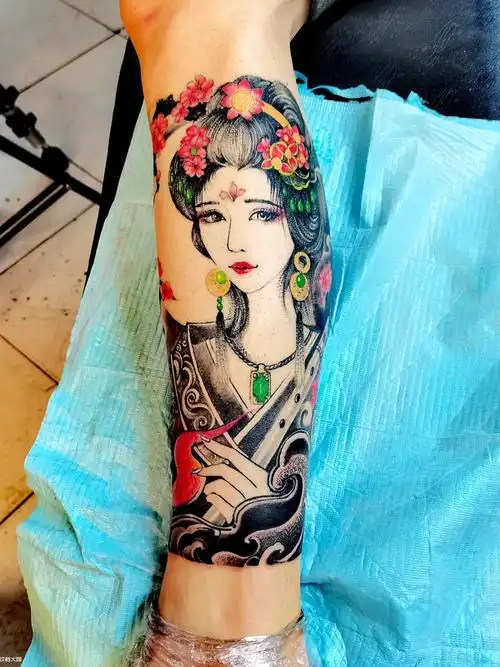 小腿彩色艺妓_纹身图案手稿图片_孙海超的纹身作品集