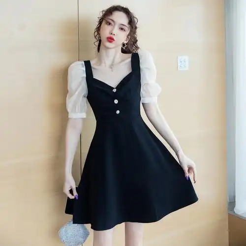 2021夏季法式新款拼接网纱复古褶皱原宿港风v领显瘦连衣裙女,女装