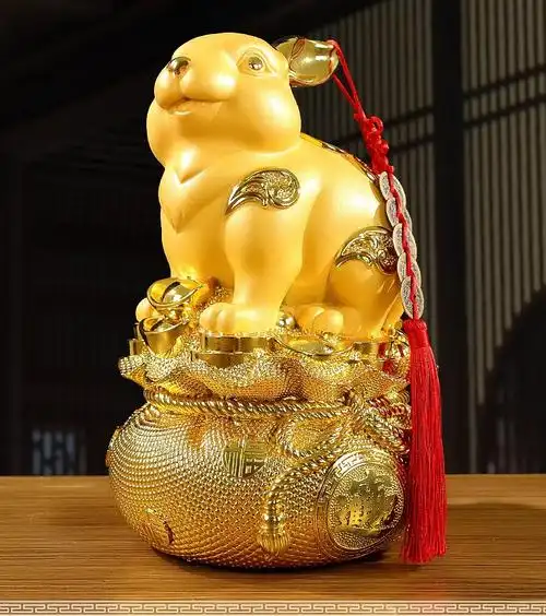 千福瑞 砂金色兔子摆件生肖兔存钱罐兔年吉祥物客厅