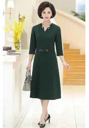 施悦名 妈妈过膝连衣裙中长款40-50岁中老年女春装宽松裙子七分袖