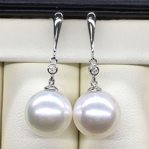 澳白珍珠耳环18k镶钻白色透粉1112mm海水珠南洋白珠中长款耳钉