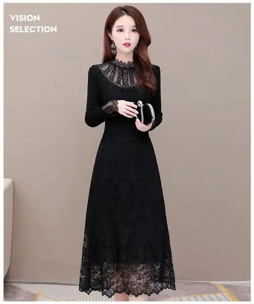 秋冬季新款连衣裙女高端蕾丝配连衣裙女2021秋季新款中长款收腰显瘦内