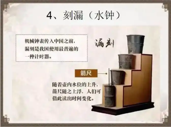 刻漏又称漏刻是古代的一种计时工具,不仅古代中国用,古埃及,古巴比伦