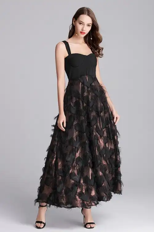 新款2018女装黑色英伦宴会礼服吊带拼接长款羽毛般流苏连衣裙