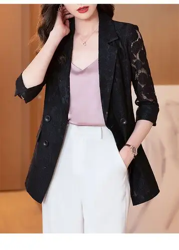 女装 小西装 风烟净 薄短小西装袖蕾丝收腰女气质2021年春夏款设计感