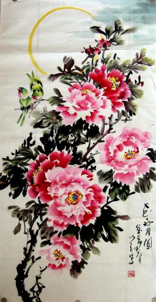 山东实力派画家四尺竖幅精品牡丹画《花好月圆》,花鸟国画原作,花卉画