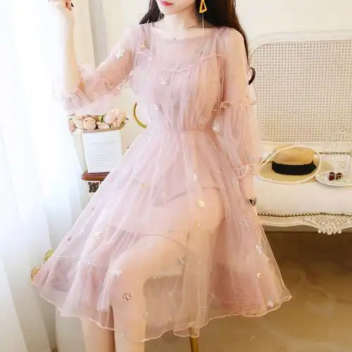 法国式小众很仙的连衣裙2019新款夏仙女超仙甜美桔梗裙子网纱套装