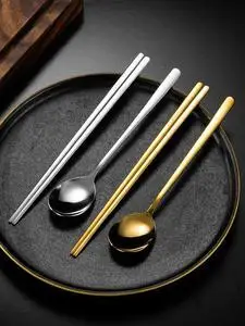 韩式筷子实心扁筷304不锈钢方形防滑套装筷子勺子韩国烤肉店餐具