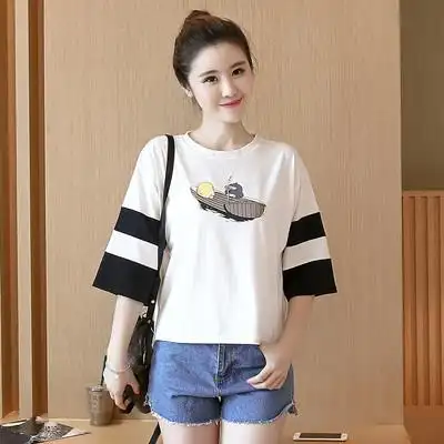 韩版中学生上衣夏季5分五分中袖t桖短款宽松7分七分短袖t恤女00后
