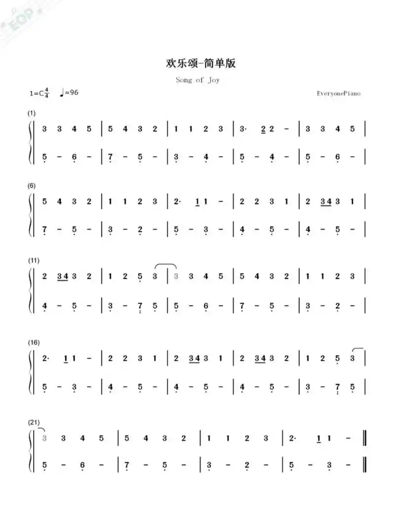 【欢乐颂】最简单版-钢琴双手简谱入门必学~ 欢乐颂,又称《快乐颂》