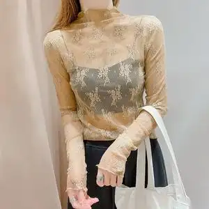 透视防晒网纱打底衫女夏长袖吊带裙内搭性感蕾丝半高领薄纱衣上衣