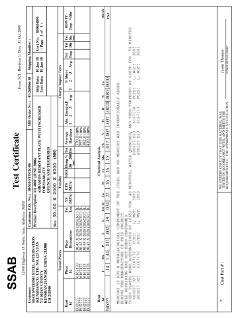 ar400f 耐磨钢板 材质单