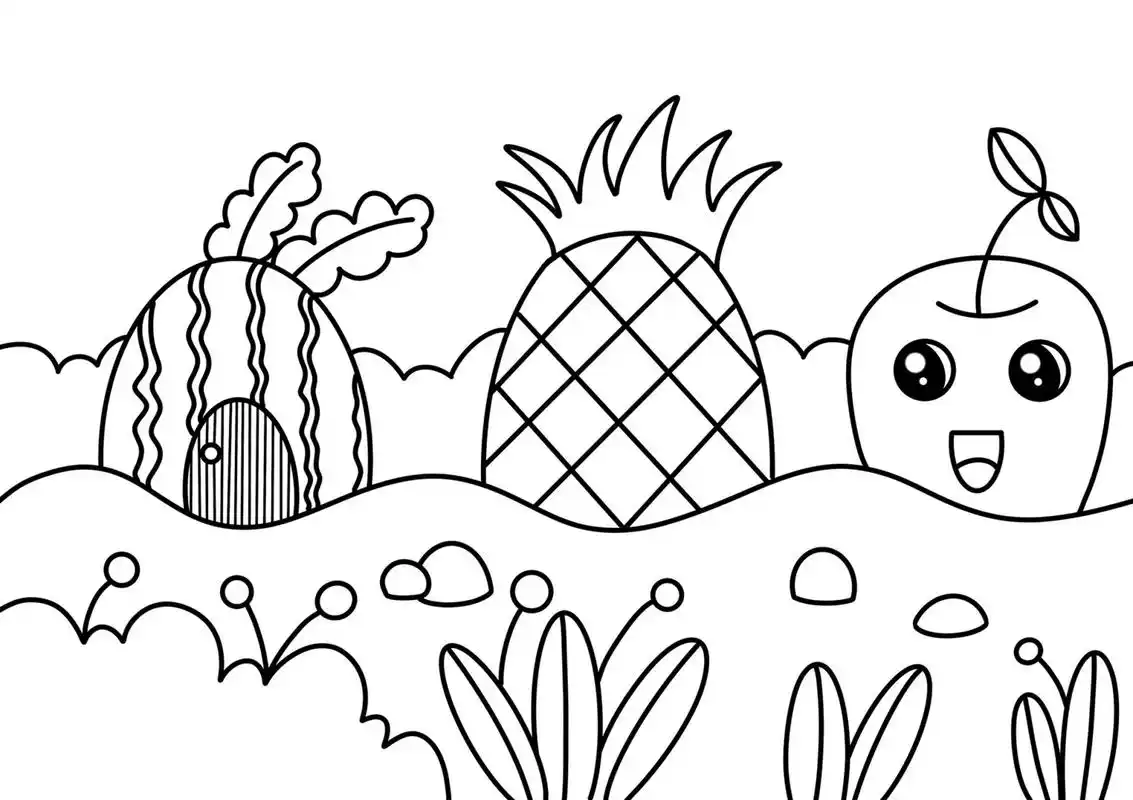 水果主题 西瓜 苹果 菠萝 可爱的房子 #创意美术儿童画# #儿童简笔画