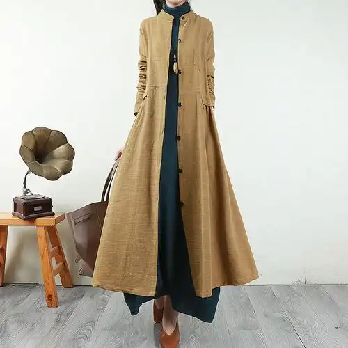 复古文艺棉麻女式风衣外套春季长款气质外搭开衫棉麻纯色百搭大衣