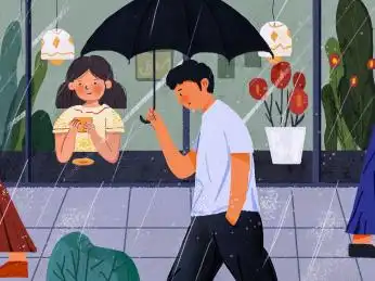 打着伞擦肩而过的情侣