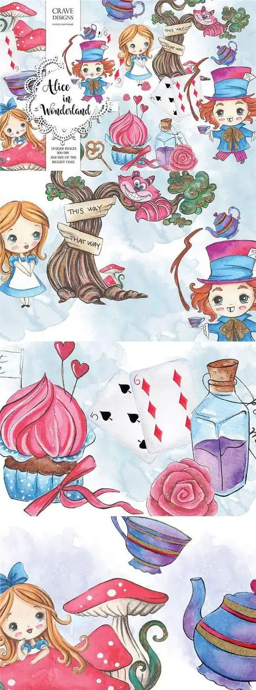 eb1365 手绘水彩爱丽丝梦游仙境卡通童话故事儿童海报背景png素材