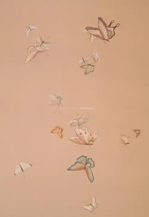 手绘丝绸壁纸 蝴蝶绘画墙纸 壁画图片_4