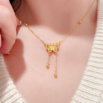 海上罗孚999足金蝴蝶结流苏套链女新款时尚黄金在逃公主项链锁骨链送