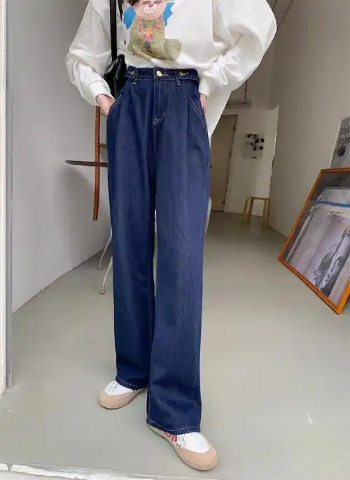 牛仔裤女裤腿精担当秋季新款高腰宽松显瘦阔腿深蓝色牛仔裤阿美娜深