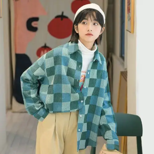 尔给2020新款叠穿格子衬衫女春秋复古polo衫港风长袖衬衣宽松韩版