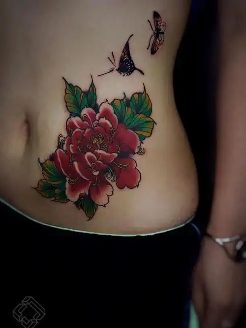 牡丹与小福蝶_纹身图案手稿图片_阿橙的纹身作品集