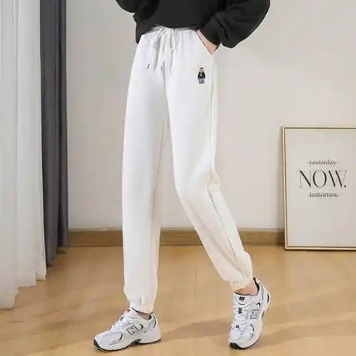 纯棉运动裤女春秋加绒小熊刺绣白色卫裤高腰哈伦休闲宽松束脚长裤