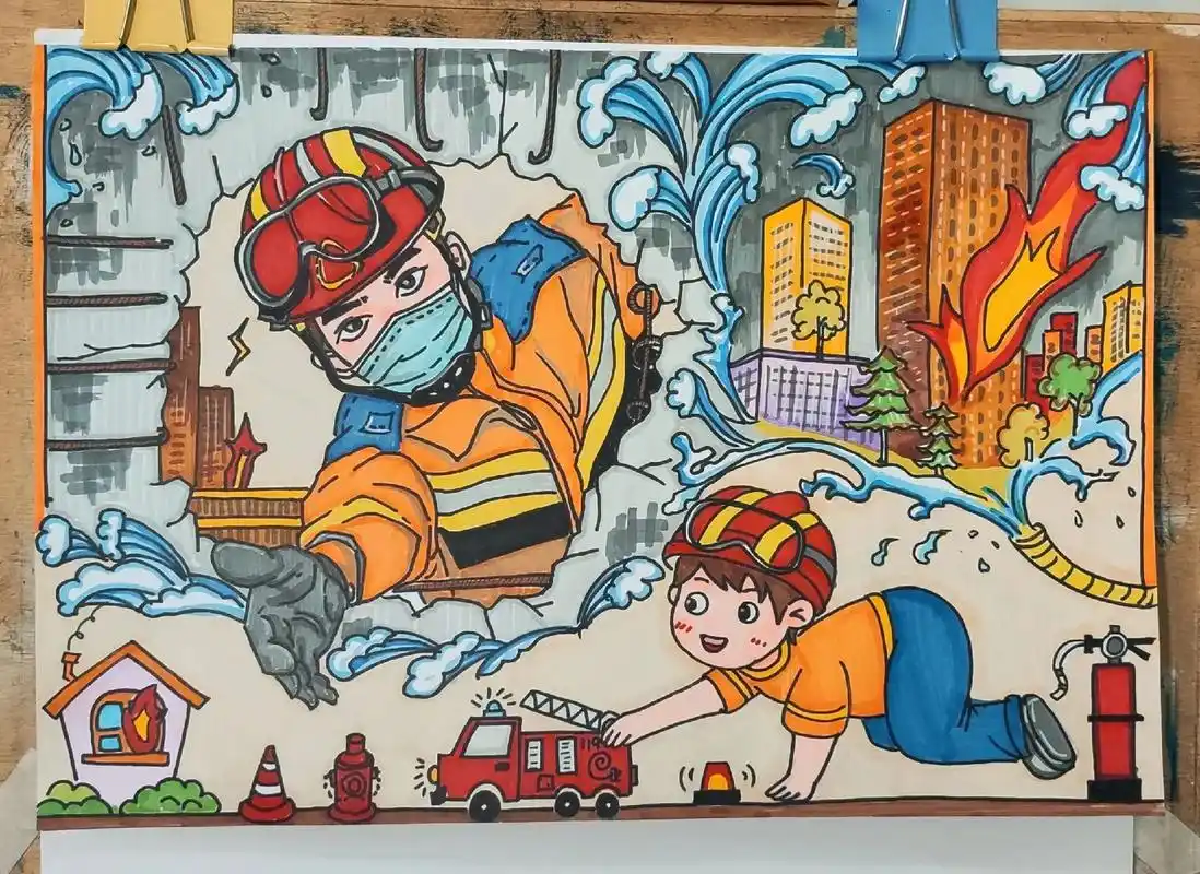 消防安全主题画.#创作灵感 #马克笔手绘 #原创作品 #消防 - 抖音