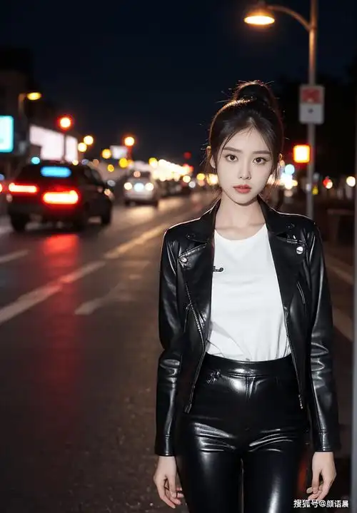 美女壁纸:繁花似锦的夜晚,黑色皮衣女神的时尚魅力_街道_都市_皮夹克