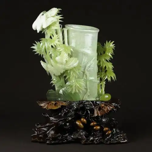 尚品美格天然岫岩玉摆件精品翠玉原石手雕玉竹笔筒大摆件ba273