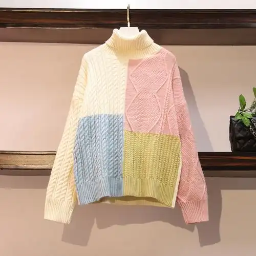 高领拼色绵羊绒毛衣女2021秋冬新款韩版宽松甜美学院风针织衫上衣