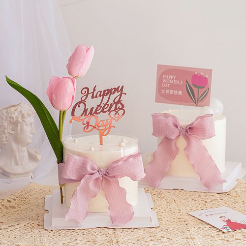 38女神节蛋糕装饰摆件网红蝴蝶结丝带三八妇女节粉色郁金香插件