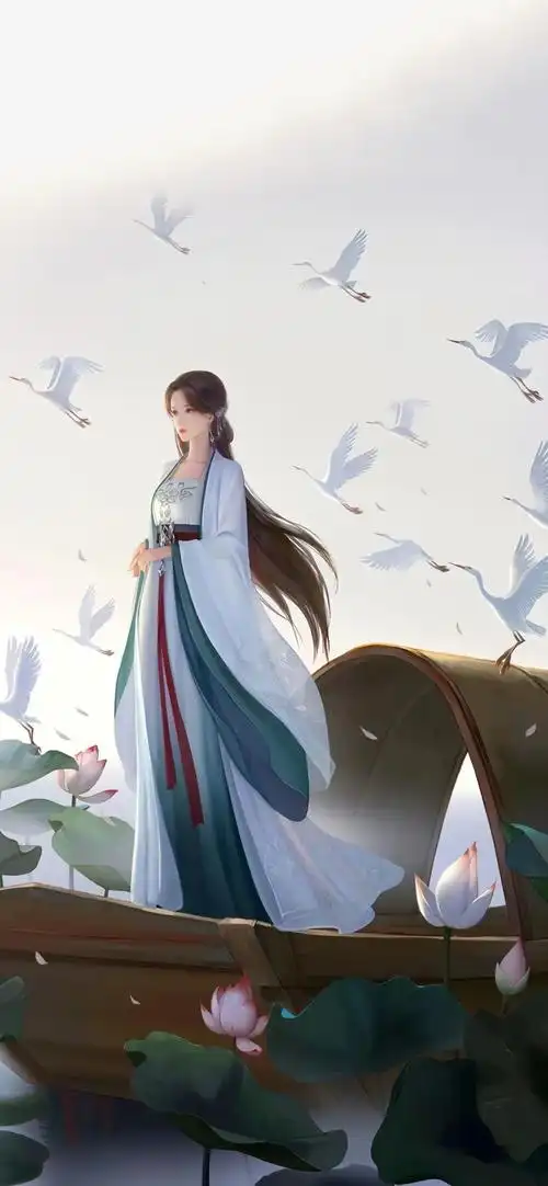 荷塘泛舟的美女白衣飘飘,白鹤起舞唯美古风插画手机壁纸