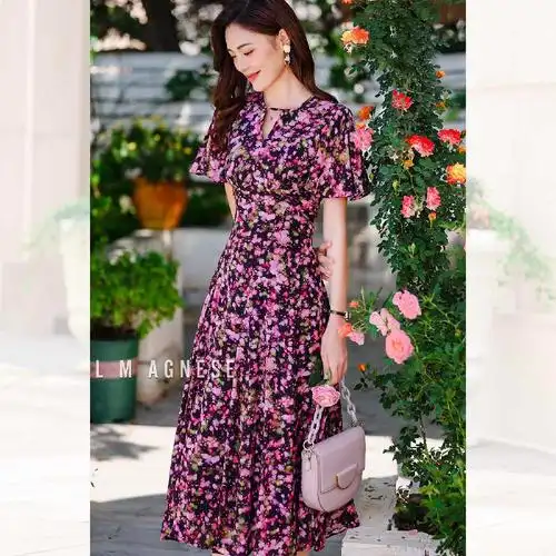 一线女装品牌简爱格妮斯2022年春夏季新款重磅真丝荷叶袖v领连衣裙