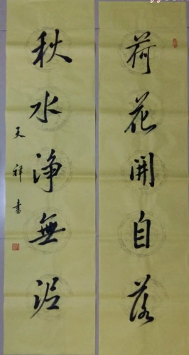 未裱对联《荷花开自落,秋水净无泥》