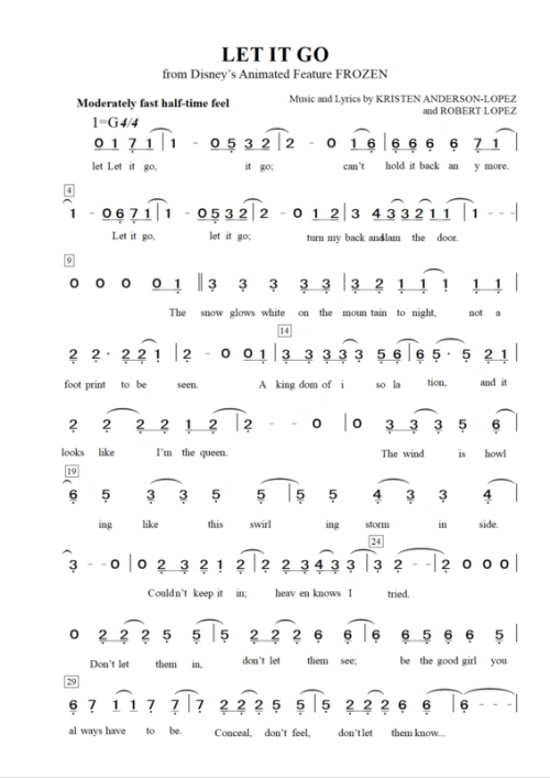 求冰雪奇缘主题曲letitgo简谱不要钢琴谱